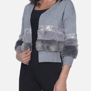 FRANK LYMAN DESIGN Women’s Gray Jacket Sweater Faux Fur Cuffs Sequin Medium NEW